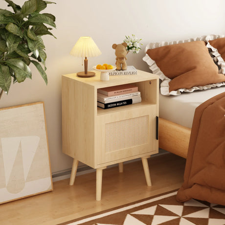 Oak Rattan Bedroom Nightstand With Solid Wood Legs - Omega Lifestyles