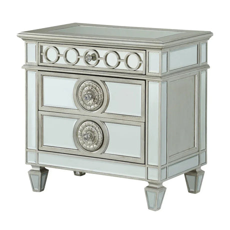 Mirrored Silver Nightstand With Geometric Raised Trim - Omega Lifestyles