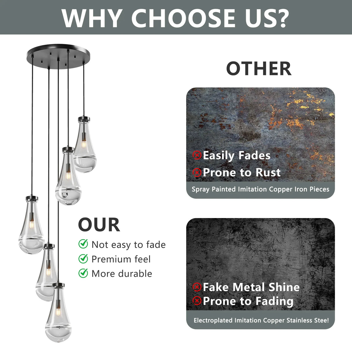 5-Light Adjustable Raindrop Glass Cluster Pendant Chandelier - Omega Lifestyles