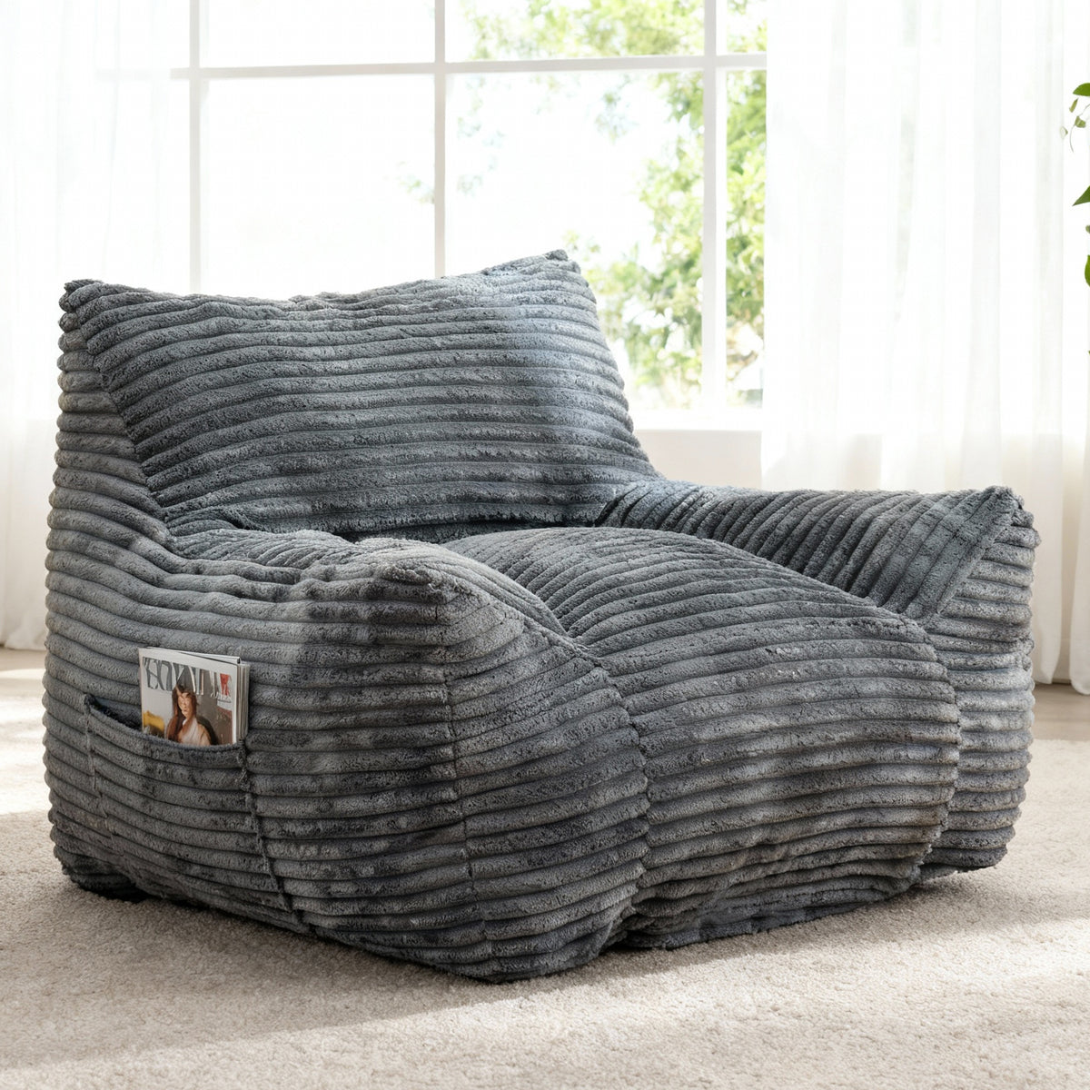 Oversized Gray Corduroy Bean Bag Chair With Ottoman