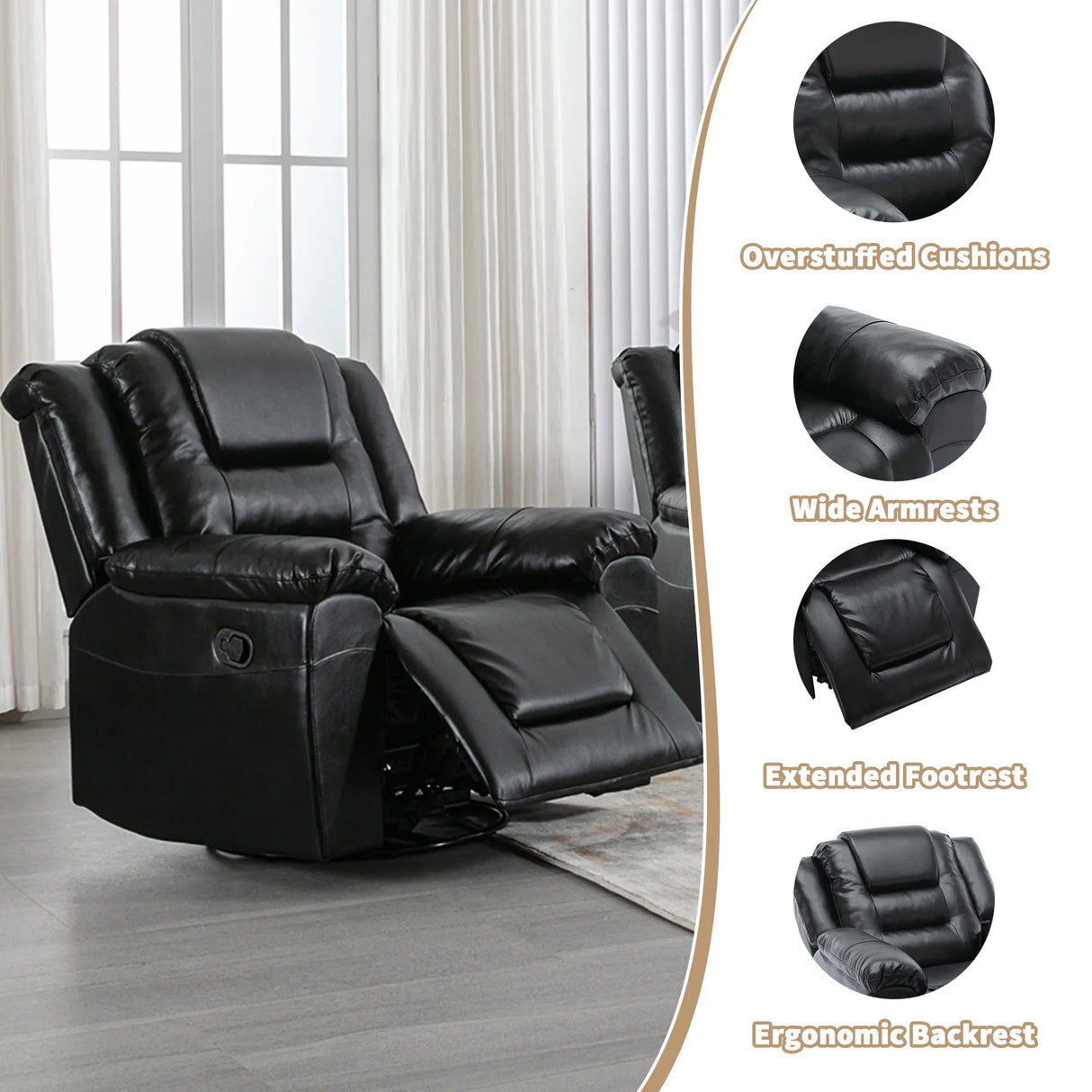 Manual Rocking 360-Degree Swivel Recliner Chair With PU Upholstery - Omega Lifestyles