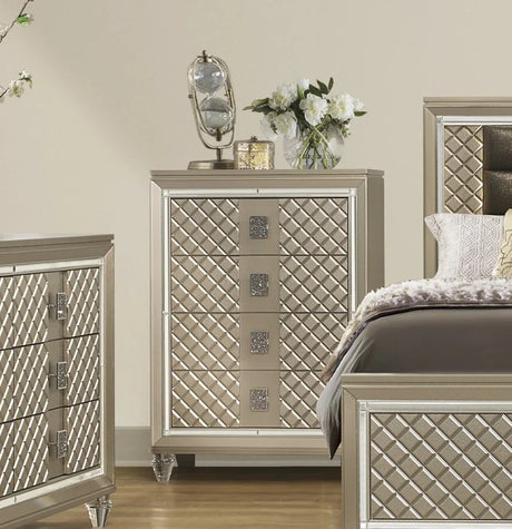 Champagne Finish Wood Chest Of 4 Drawers Bedroom Furniture - Omega Lifestyles