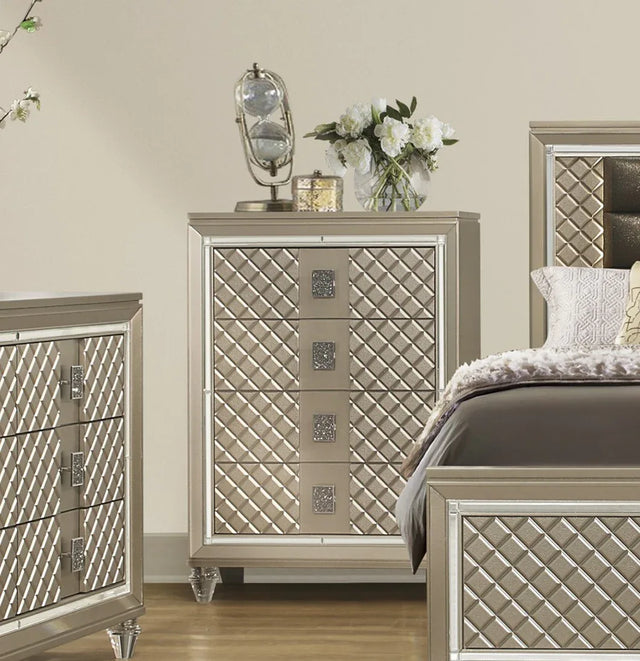 Champagne Finish Wood Chest Of 4 Drawers Bedroom Furniture - Omega Lifestyles