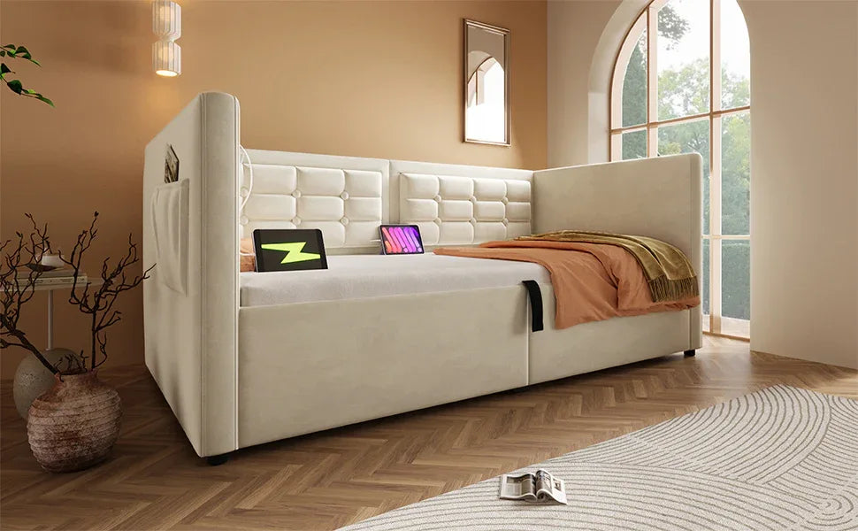 Twin Beige Velvet Upholstered Hydraulic Storage Bed Frame - Omega Lifestyles