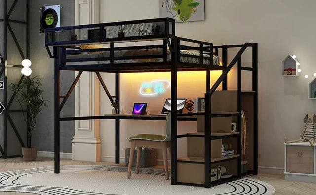 Full Metal Full Size Loft Bed With Desk Charging Station - Omega Lifestyles