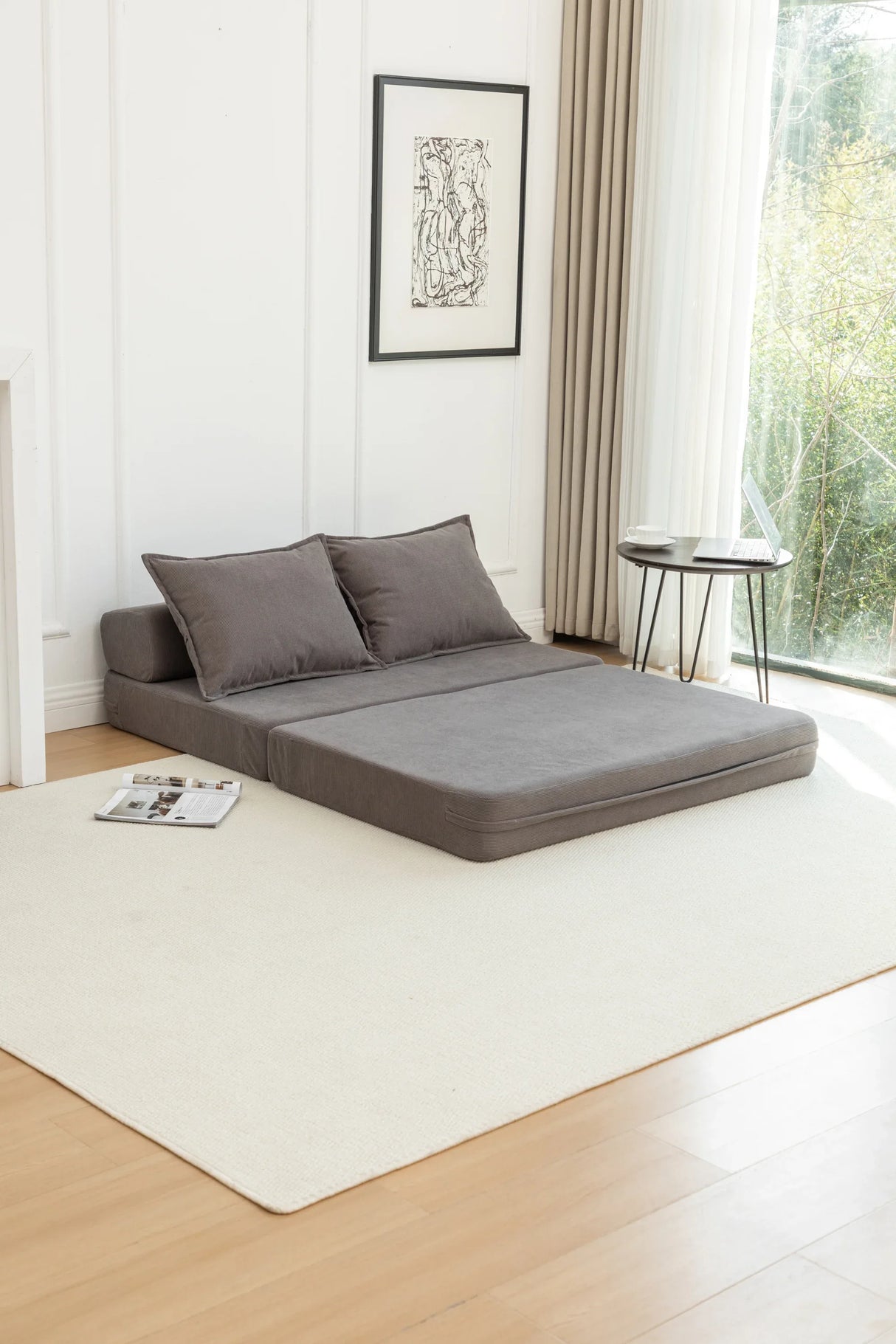 Foldable Corduroy 2-Seat Sofa Bed With Lumbar Pillow - Omega Lifestyles