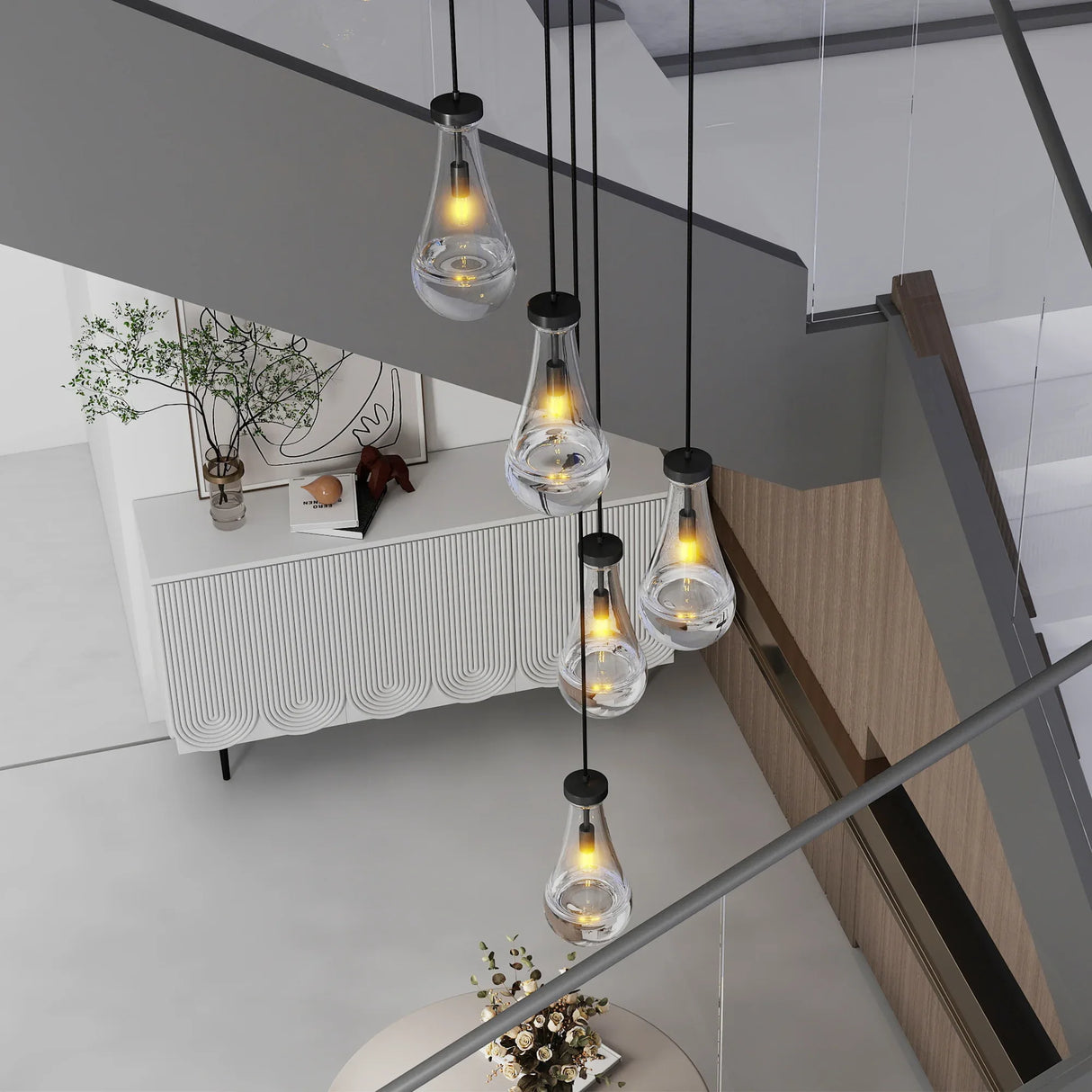 5-Light Adjustable Raindrop Glass Cluster Pendant Chandelier - Omega Lifestyles
