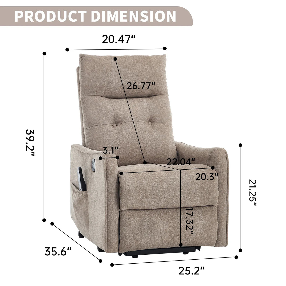 Khaki Chenille Medium-Firm Power Lift Massage Recliner Chair - Omega Lifestyles