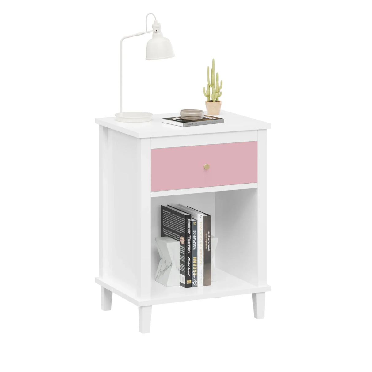 Pink MDF Wooden Nightstand With Drawer And Shelf - Omega Lifestyles