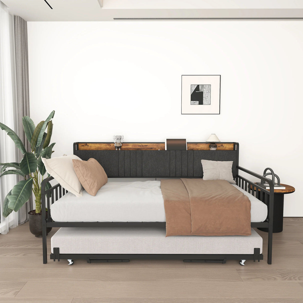 Twin Metal Frame Daybed With Trundle Upholstered Headboard Charging - Omega Lifestyles