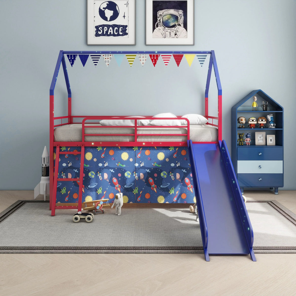 Twin Metal Junior House Loft Bed With Slide And Curtain - Omega Lifestyles