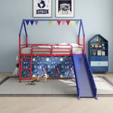 Twin Metal Junior House Loft Bed With Slide And Curtain - Omega Lifestyles