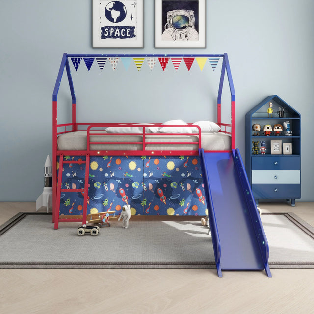 Twin Metal Junior House Loft Bed With Slide And Curtain - Omega Lifestyles