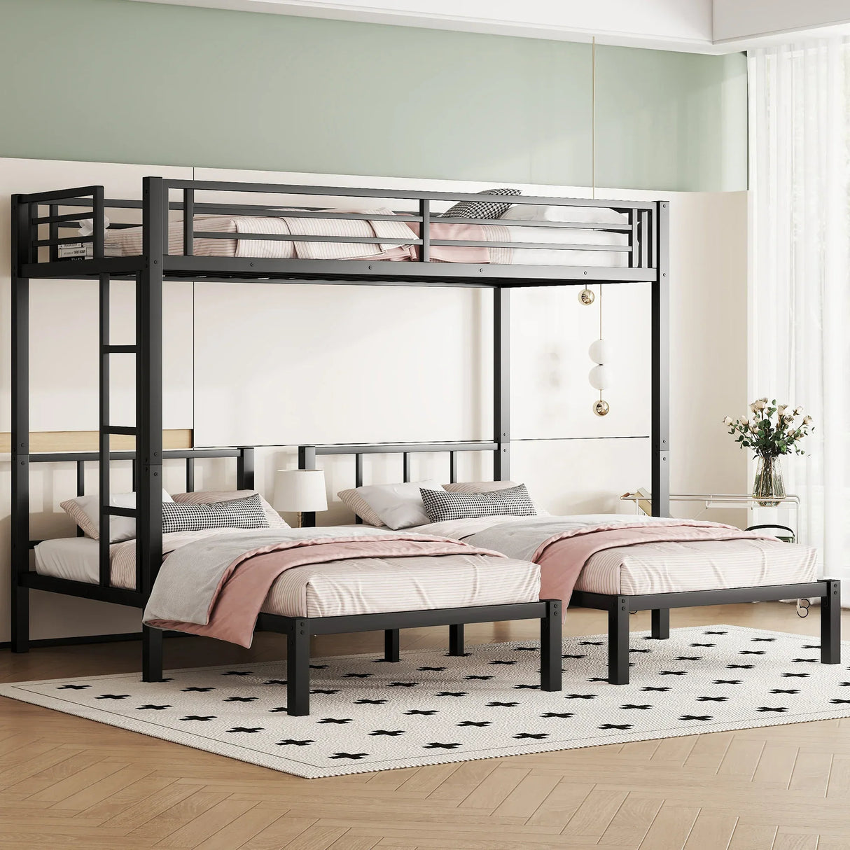 Metal Twin Over Twin Triple Bunk Bed With Guardrails - Omega Lifestyles