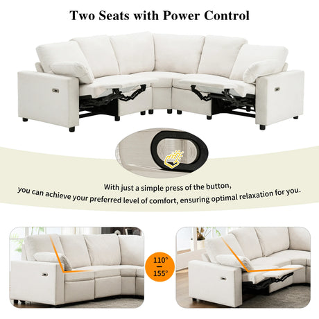 Beige Linen Fabric Power Recliner Sectional Sofa With USB Ports - Omega Lifestyles
