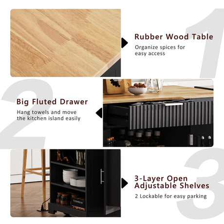 Fluted Rubber Wood Kitchen Island With Trash Can Cabinet - Omega Lifestyles