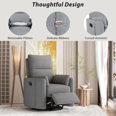 Manual Rocker Swivel Linen Upholstered Recliner Chair With Pillows - Omega Lifestyles