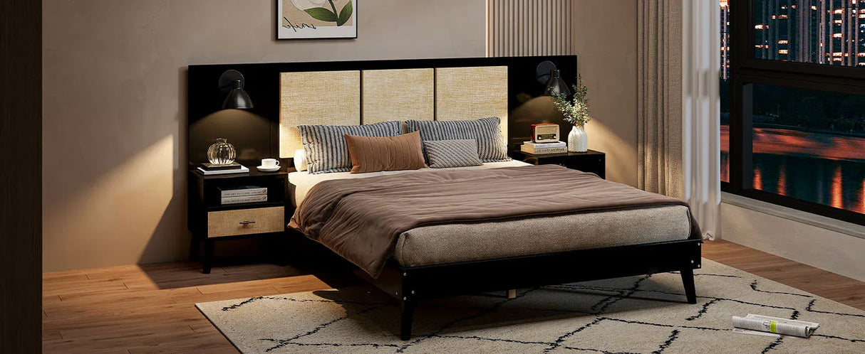 Queen Solid Wood Platform Bed Frame With Nightstands And Lamps - Omega Lifestyles