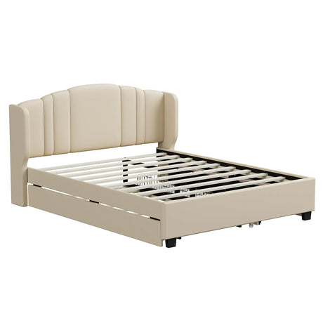 Queen Upholstered Platform Bed With Wingback Headboard Trundle - Omega Lifestyles