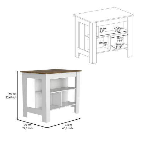 White Walnut Kitchen Island With Three Storage Shelves - Omega Lifestyles