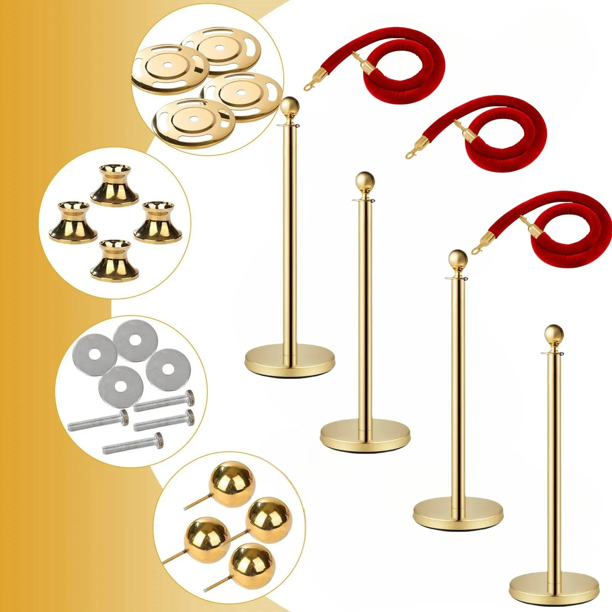 Set of 4 Stainless Steel Gold Velvet Rope Posts - Omega Lifestyles