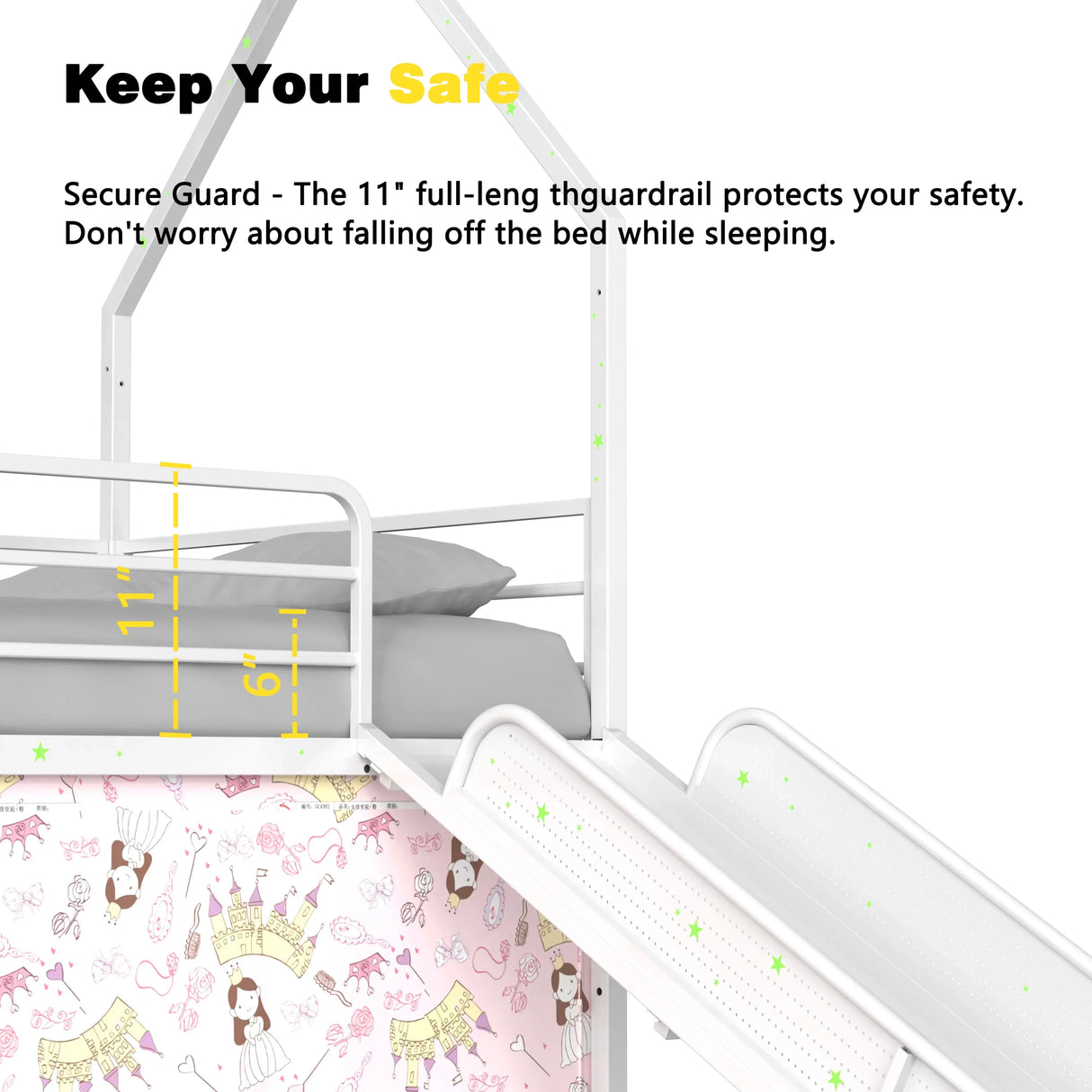 Twin Metal Junior House Bunk Bed With Slide and Curtain - Omega Lifestyles