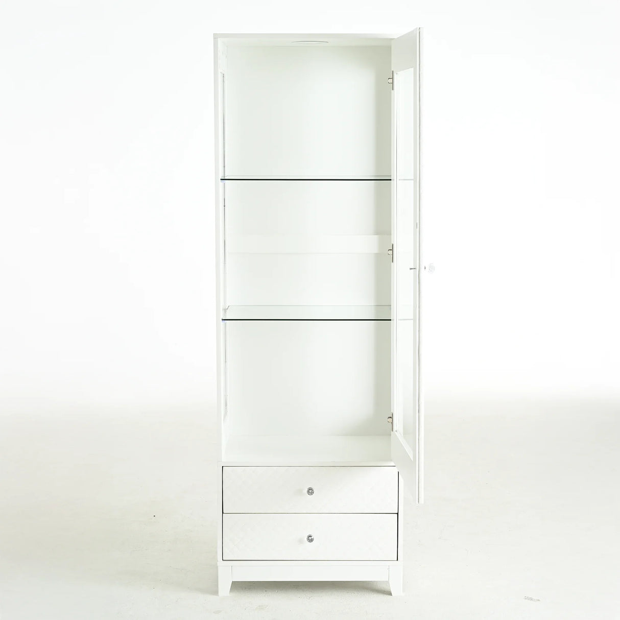 Modern Upholstered Glass Display Cabinet With Adjustable LED Light - Omega Lifestyles