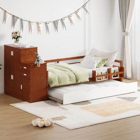 Twin Wood Platform Bed With Bookshelf Movable Wardrobe And Trundle - Omega Lifestyles