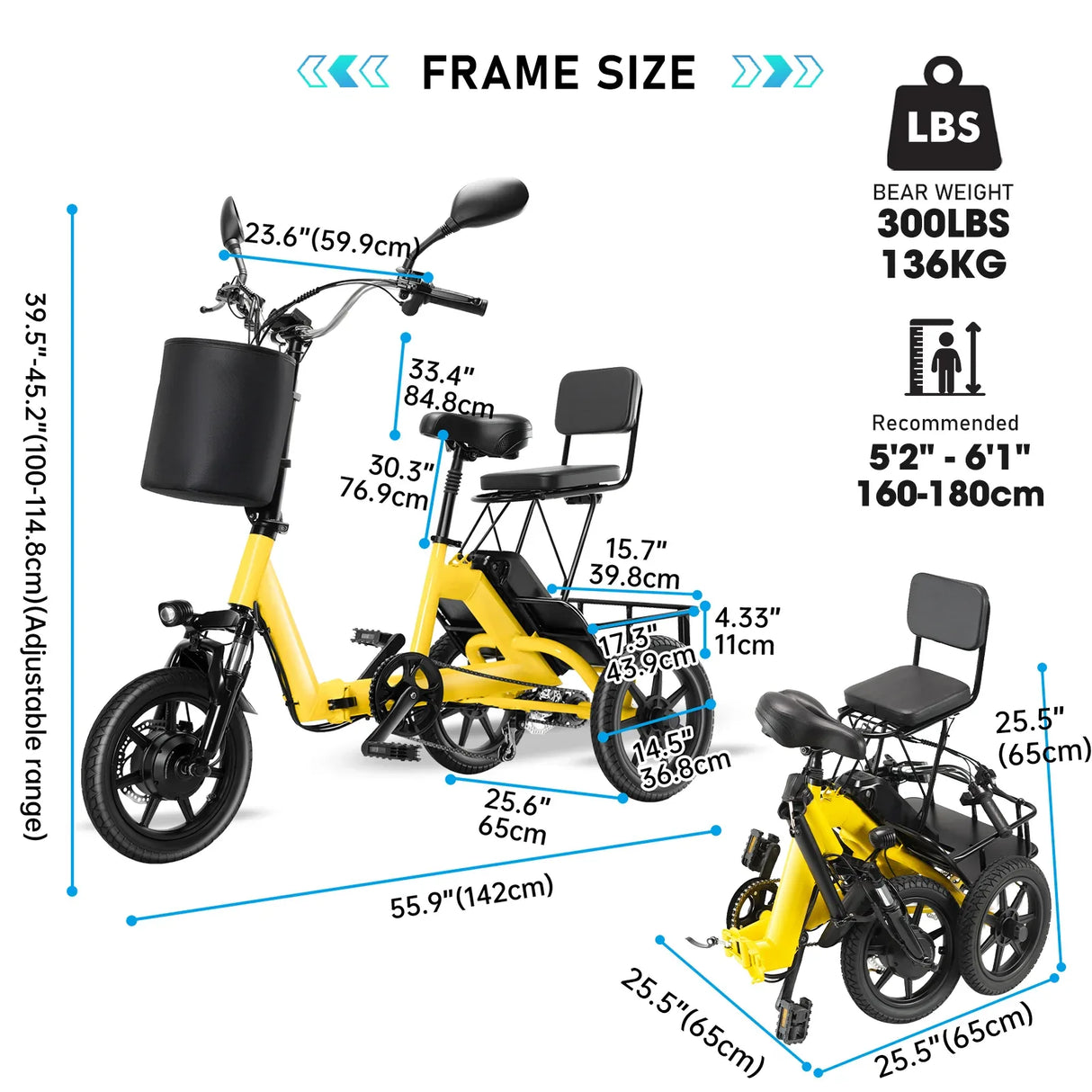 Foldable 350W Electric Adult Two-Seat Tricycle - Omega Lifestyles