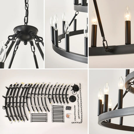 Farmhouse 54-Light Matte Black Wagon Wheel Chandelier - Omega Lifestyles