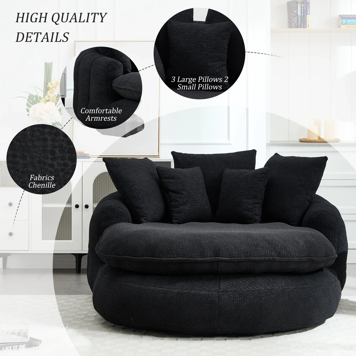 Oversized Chenille Memory Foam Bean Bag Sofa With Pillows - Omega Lifestyles