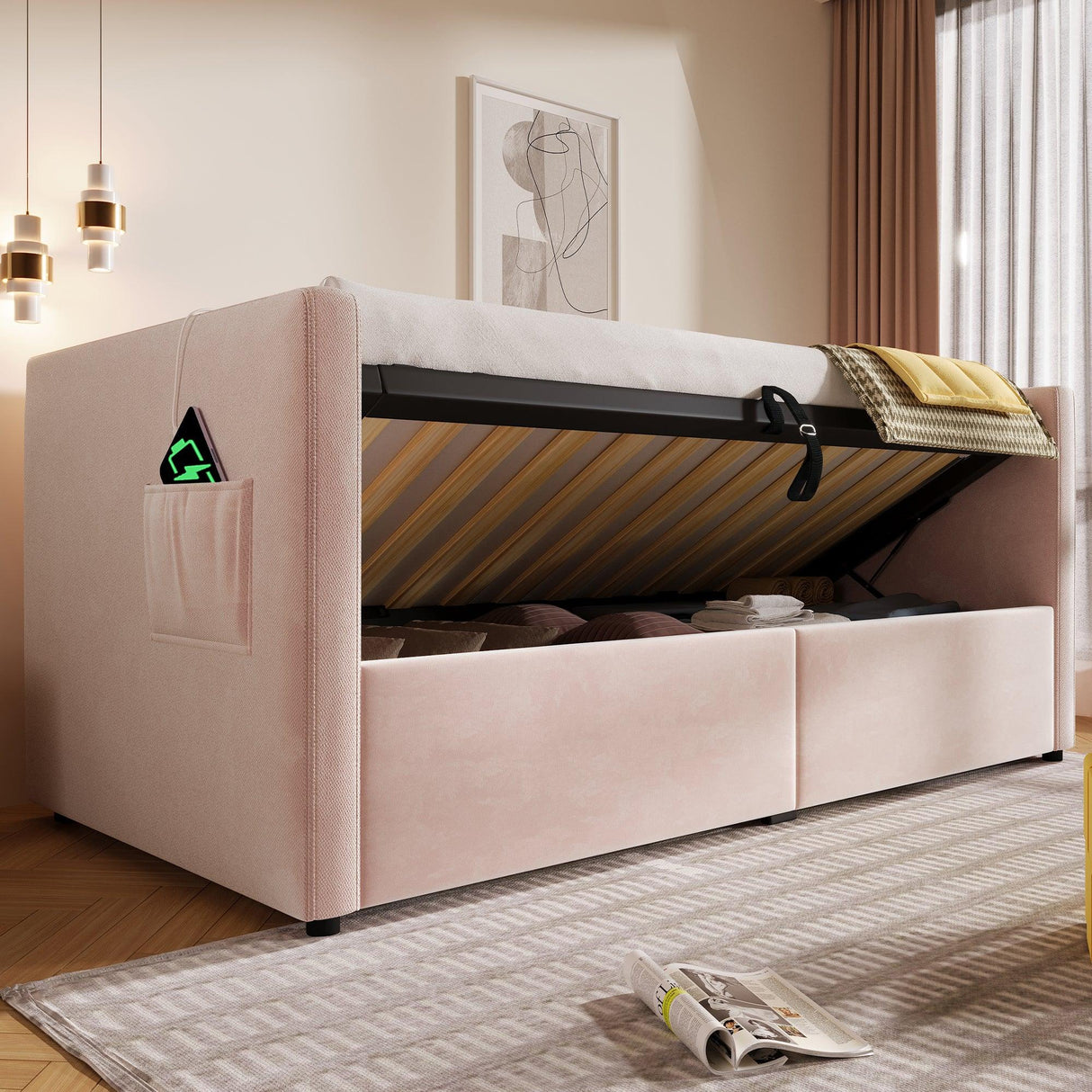 Twin Pink Velvet Upholstered Hydraulic Storage Bed Frame - Omega Lifestyles