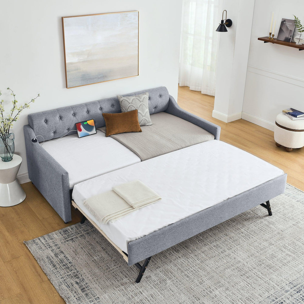 Twin Linen Upholstery Daybed With Erectable Trundle USB Charging - Omega Lifestyles