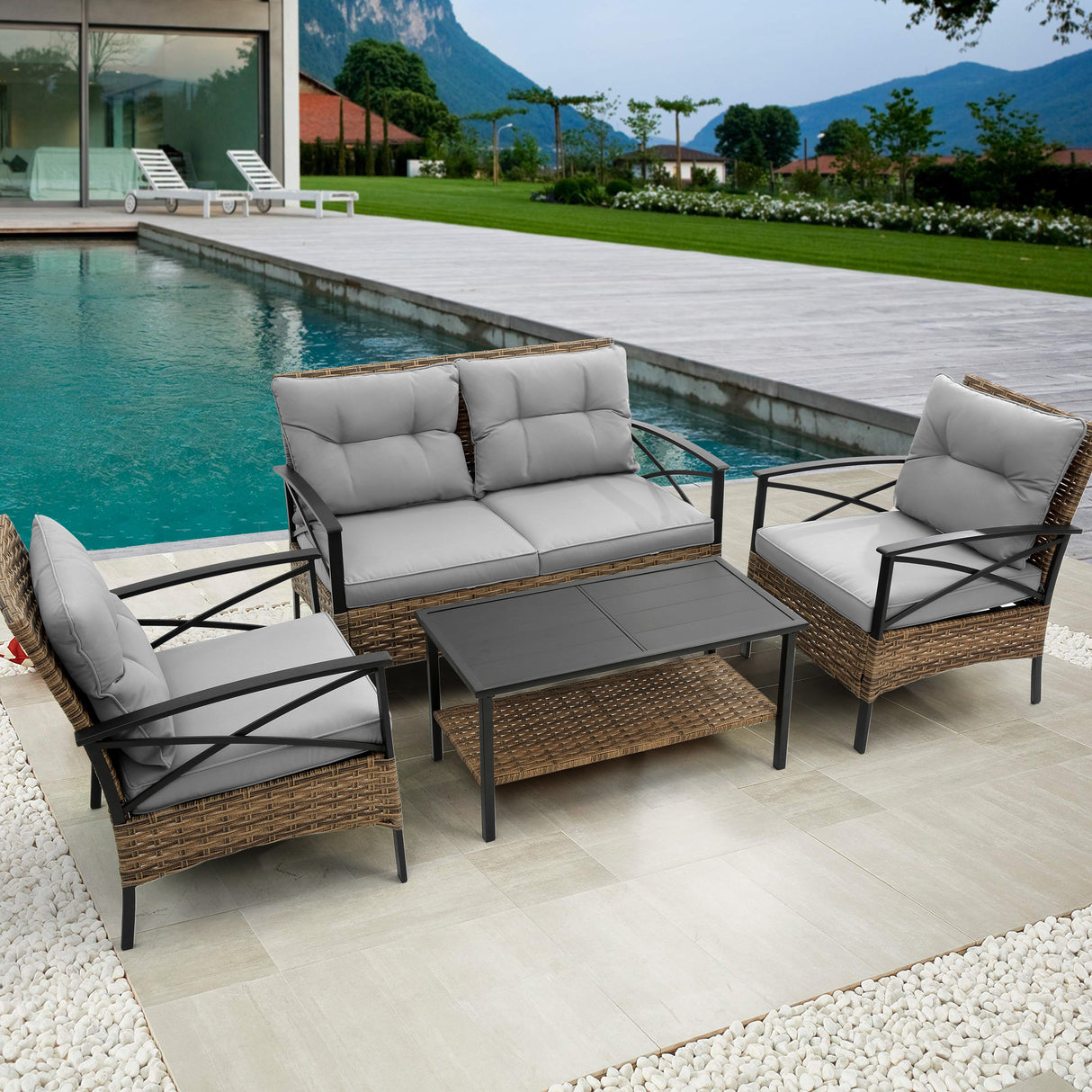 Patio 4-Piece Grey Steel Outdoor Dining Sofa Set