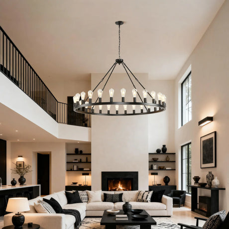 Farmhouse Matte Black Wagon Wheel 12-Light Chandelier - Omega Lifestyles