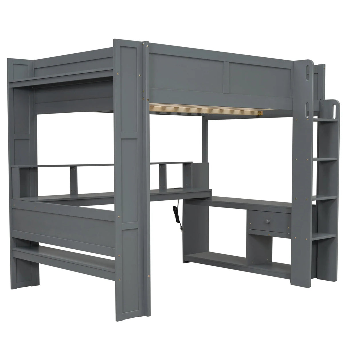 Full Wood Gaming Loft Bed Frame With Desk LED Charging Station - Omega Lifestyles