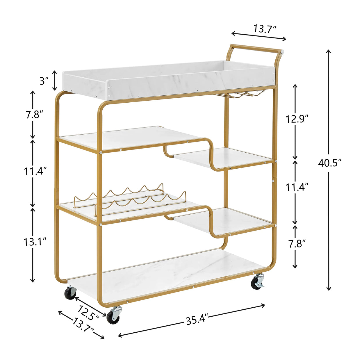 Gold Two-Tier Metal Bar Cart With Wine Rack and Wheels - Omega Lifestyles