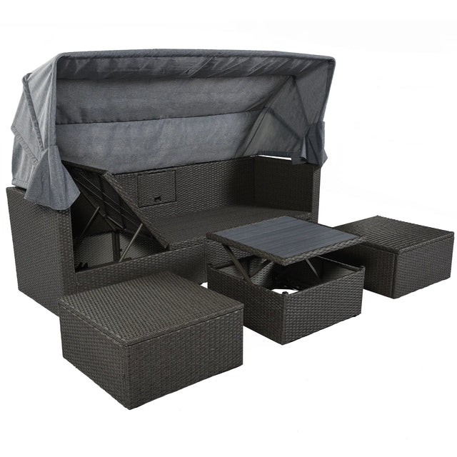 Outdoor Gray Rattan Wicker Patio Daybed With Canopy - Omega Lifestyles