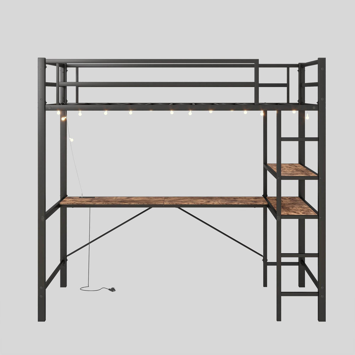 Twin Metal Loft Bed Frame With L-Shaped Desk And Charging