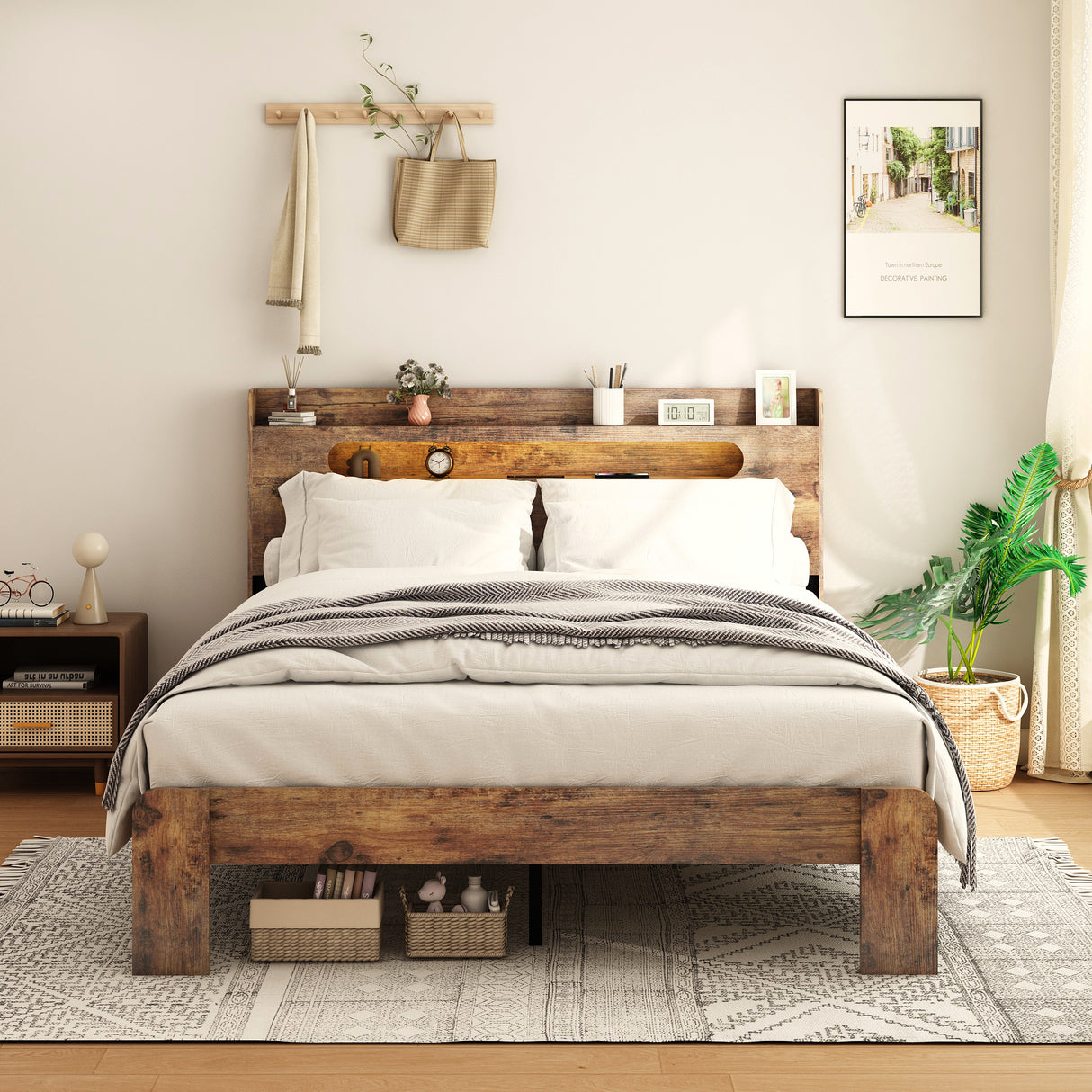 King Wood Platform Bed Frame With Storage USB Charging