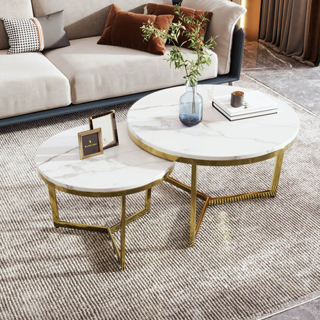 Modern Round Nesting 2-Piece White Marble Coffee Table Set - Sleep Galleria