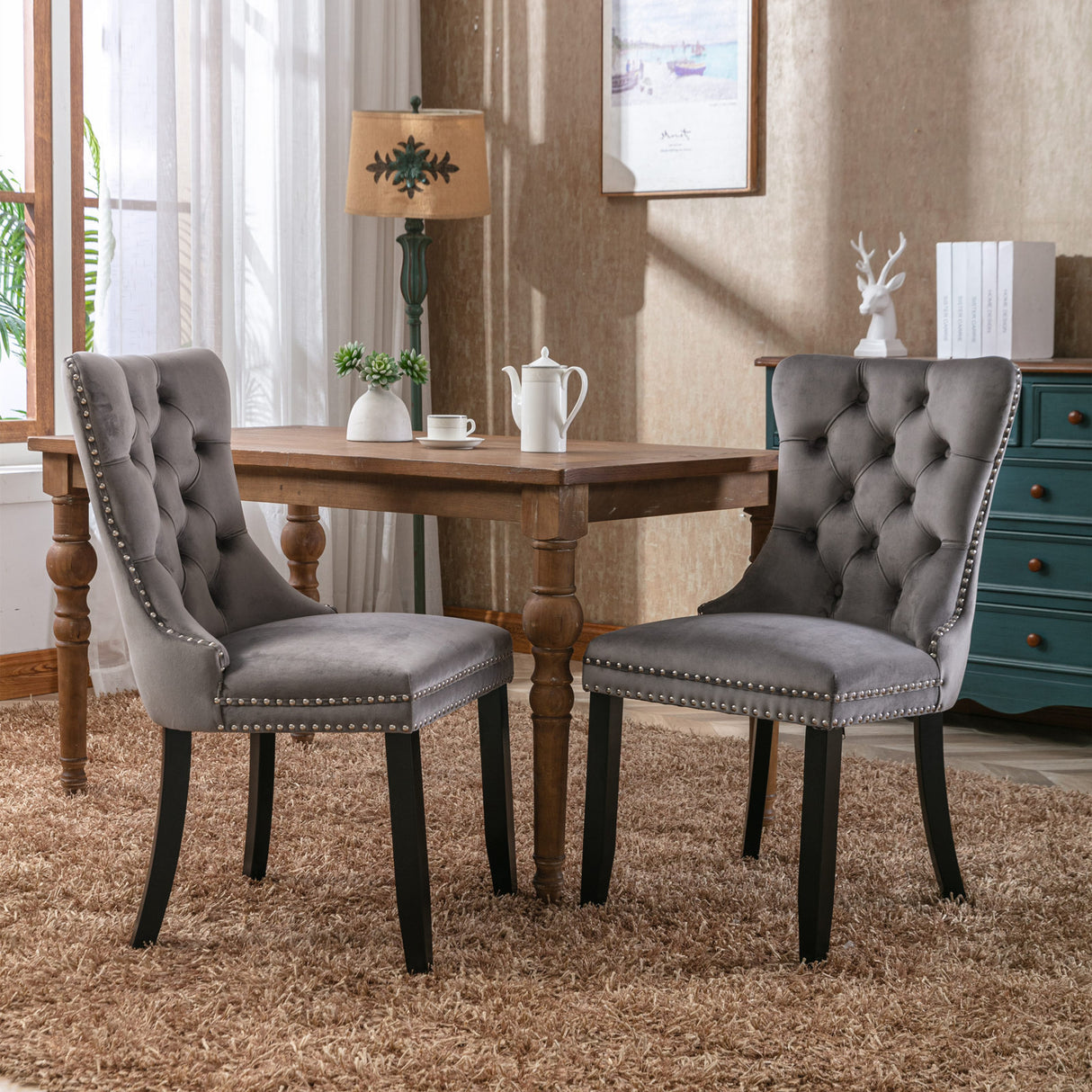 Set Of 2 Modern Velvet Upholstered Solid Wood Dining Chairs