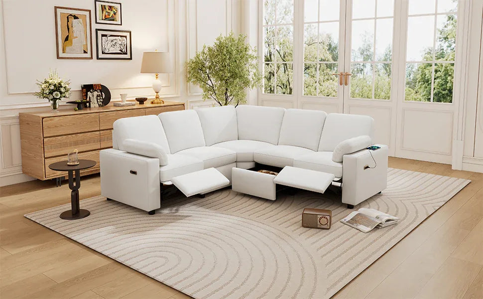 Beige Linen Fabric Power Recliner Sectional Sofa With USB Ports - Omega Lifestyles