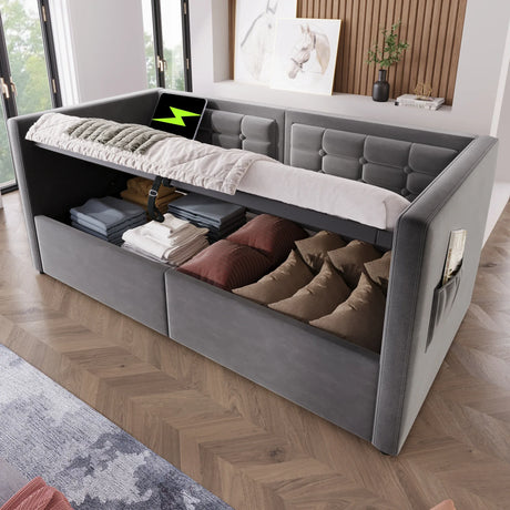 Twin Gray Velvet Upholstered Hydraulic Storage Daybed With USB Charging - Omega Lifestyles
