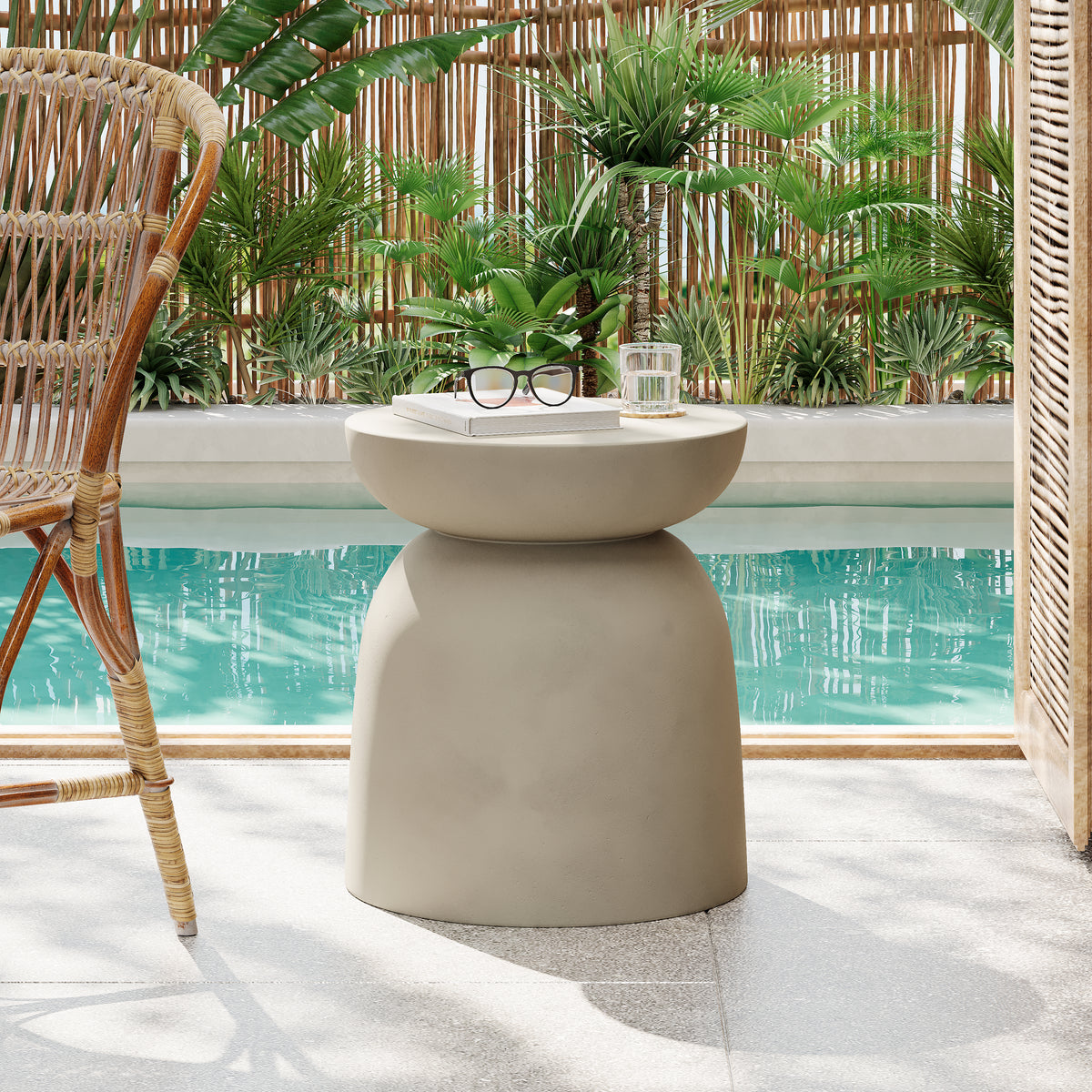 Light Grey Concrete Outdoor Round Top Drum Side Table