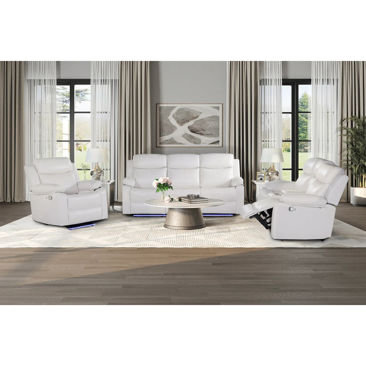 White Upholstered Medium Firm LED Glider Recliner Chair - Omega Lifestyles