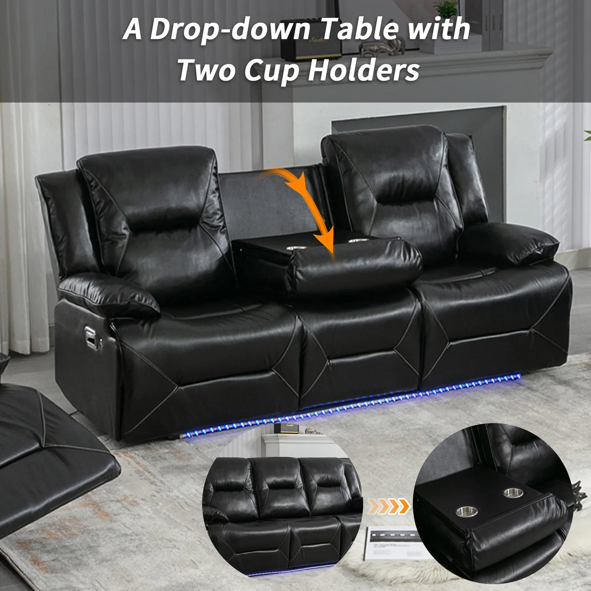 3-Seater Manual Recliner Chair Leather Gel With LED Lights - Omega Lifestyles