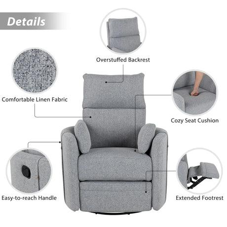 Manual Rocker Swivel Linen Upholstered Recliner Chair With Pillows - Omega Lifestyles