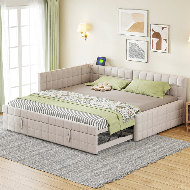 Full Upholstered L-Shaped Daybed With Twin Trundle and USB Ports - Omega Lifestyles