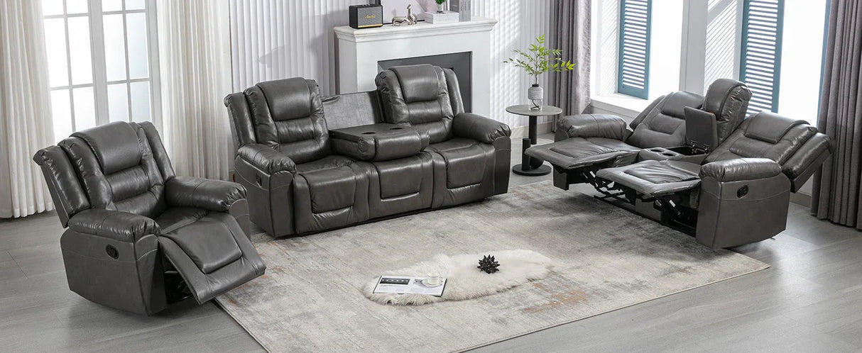 Grey Manual PU Upholstered Home Theater Recliner Chair Set - Omega Lifestyles